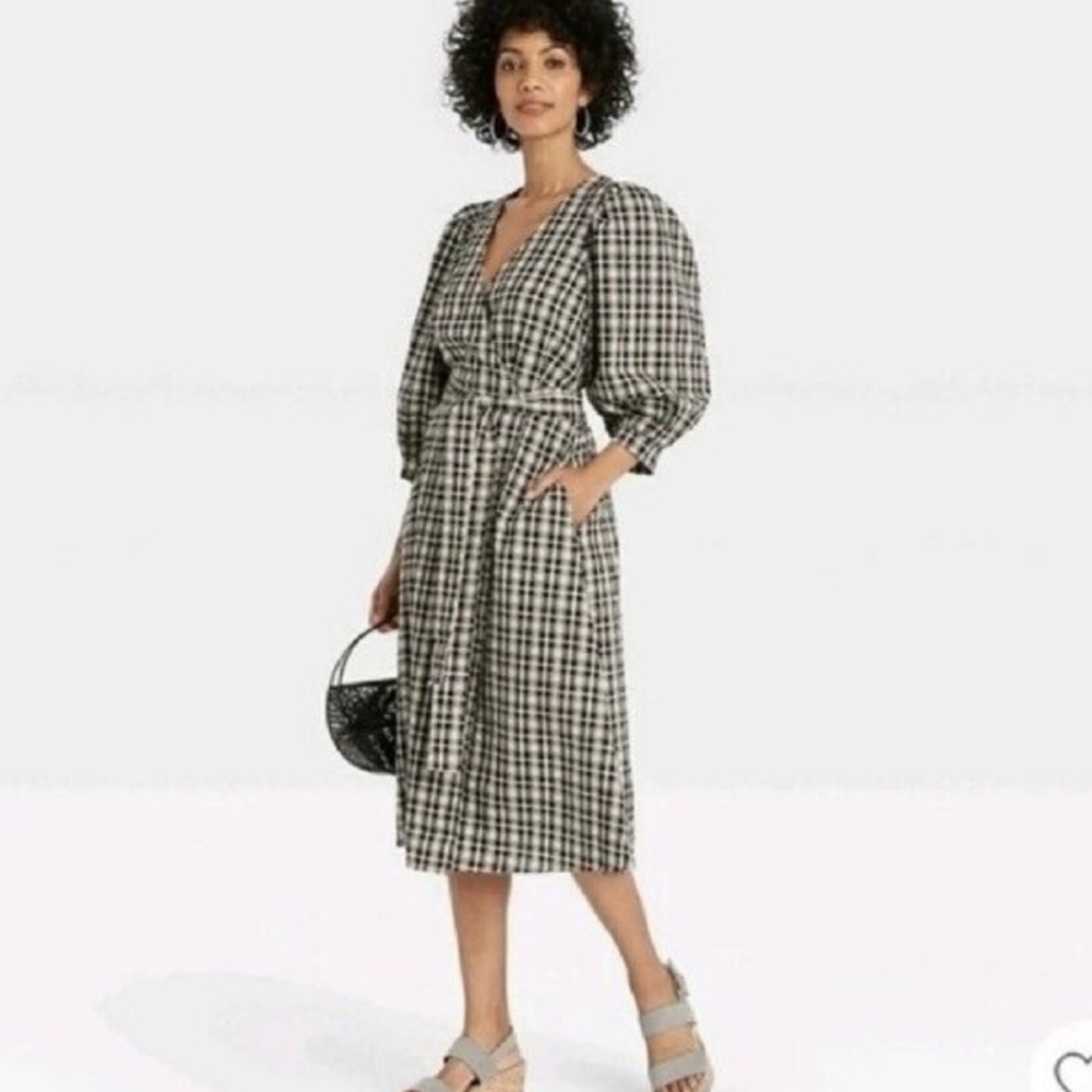 a new day Black White Plaid Wrap Midi Dress xs